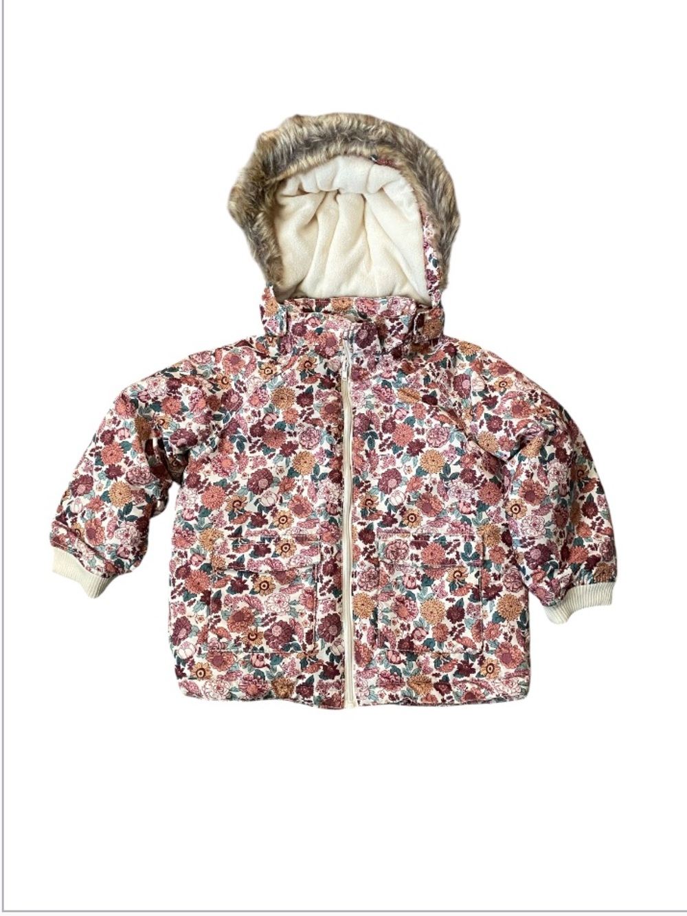 H&M Floral Puffer Jacket with Faux Fur Hood - Pink, Brown, Green